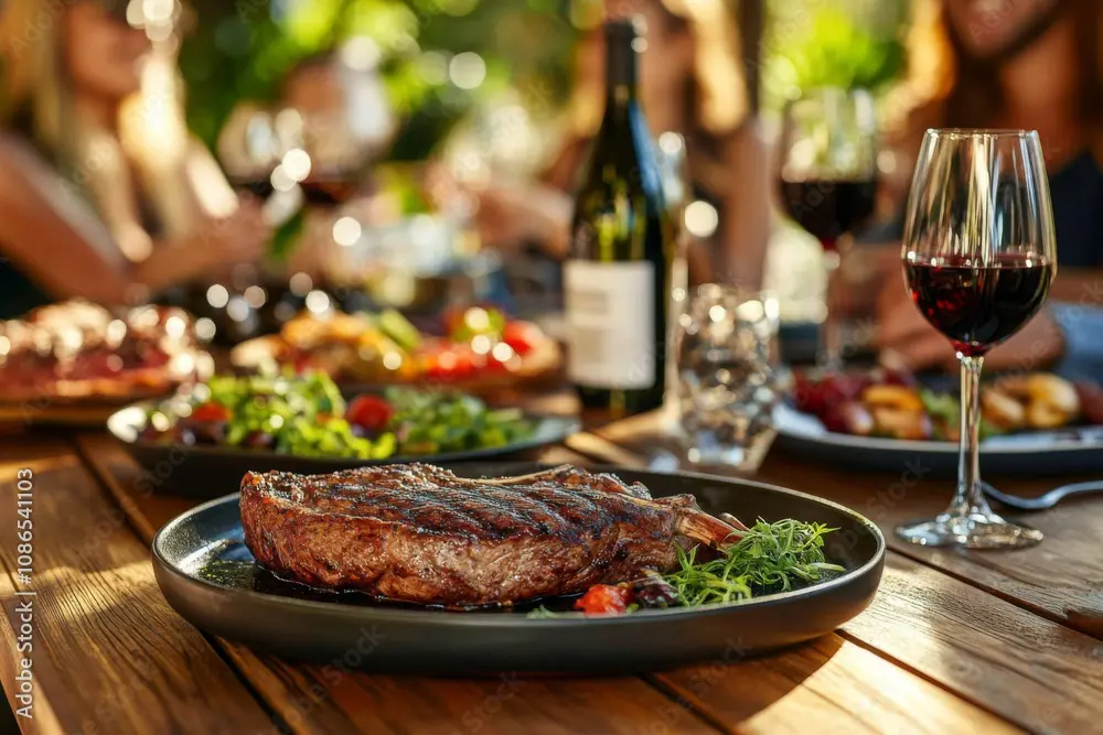 Grilled steak on a plate with glasses of red wine and blurred people dining outdoors at The Yard in Seneca, SC.